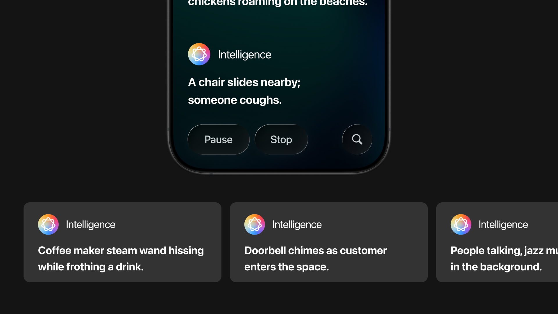 UI Design showcasing Apple Phone Up close with Apple Intelligence explaining what the enivorment is happening.